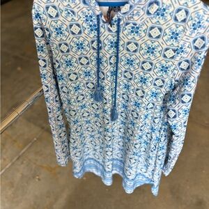 Boutique Blue and White Patterned Hoodie Swim Cover Dress